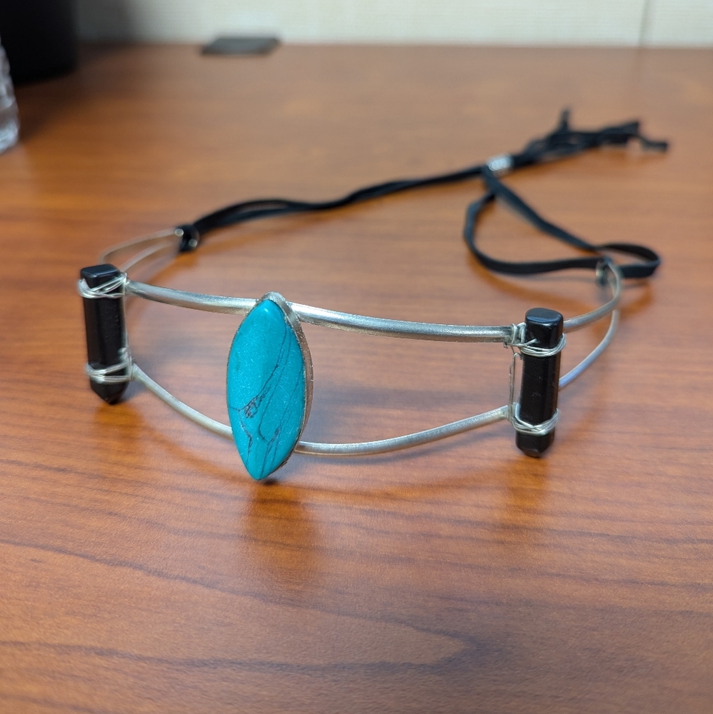 Turquoise Gemstone Ethereal Choker/Crown Faux Turquoise Silver Band, Adjustable